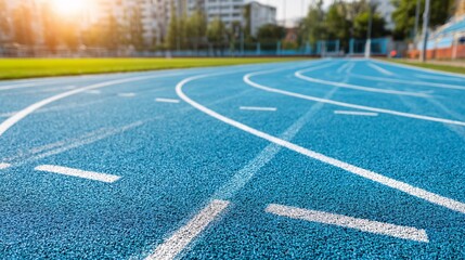 synthetic track surface with focus on lane markings, sunlight shadow play, and smooth texture, offering a fresh and modern sports environment ideal for fitness and lifestyle stock imagery with 