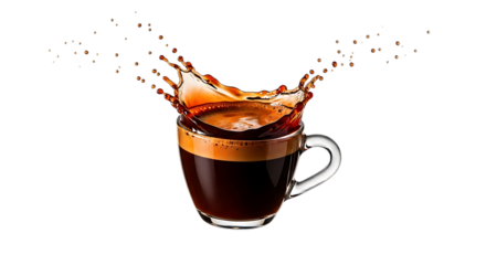 Aromatic espresso in a clear glass cup creating a dynamic splash against an isolated on transparent background, showcasing the rich, dark liquid and the energy of the coffee, perfect for a morning boo