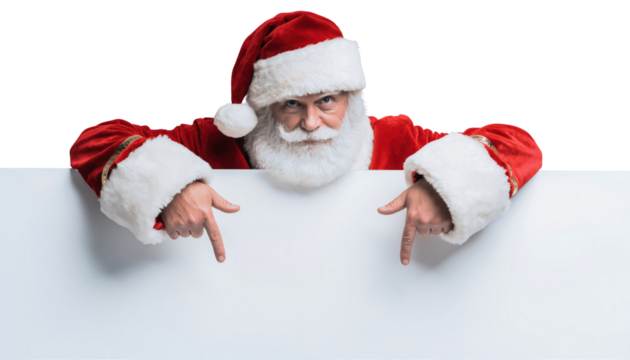 Santa claus pointing down at a blank white sign with a red suit and hat on a black background