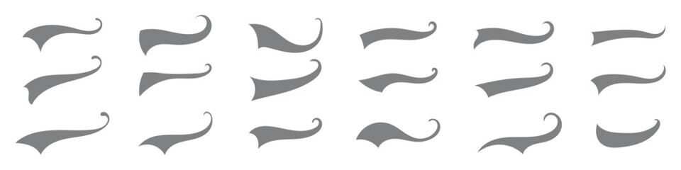 Swoosh and swashes tails vector set, decorative calligraphy stroke and flourish icon collection, elegant graphic group of handwritten ornaments, elements for typography, wedding, and invitations 