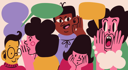 Diverse people talking something to others, spreading secrets, news, rumors, gossiping, whispering in ear. Various reactions, emotions. Cute characters, speech bubbles. Hand drawn Vector illustration