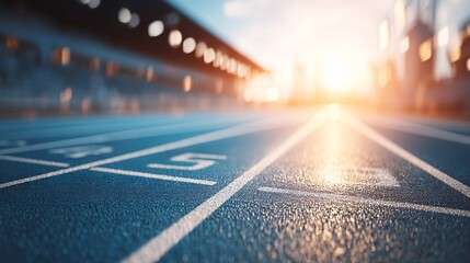 Fototapeta premium view of blue 8-lane running track under clear sky showing vanishing point perspective, sunlight reflection, and motivational tone for fitness, sports, and wellness visuals with copy space. front 