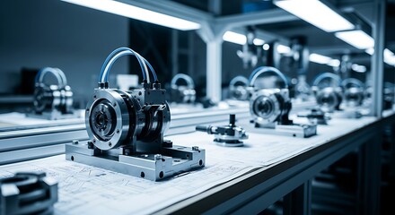 A row of precision mechanical components are arranged on a production line, showcasing the accuracy and automation of modern manufacturing processes