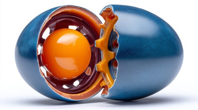 Blue egg with a yellow yolk is shown, with the yolk visible inside the egg