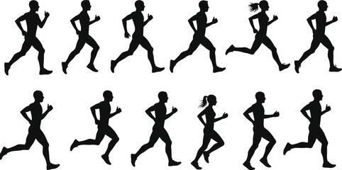 Running silhouette sequence, athletic motion, jogging cycle, sports biomechanics, gait analysis, fitness training, runner profile, dynamic movement, health, exercise