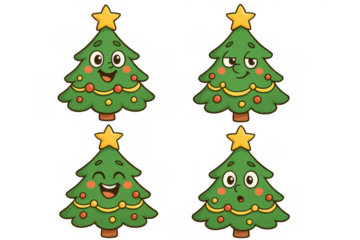 Christmas tree characters expressing different holiday emotions, vector cartoon fir trees showing happiness, joy, surprise, and indifference