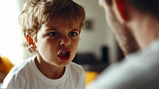Angry caucasian child shouting emotions at adult in home setting