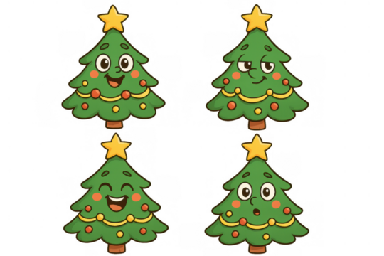Christmas tree characters expressing different holiday emotions, vector cartoon fir trees showing happiness, joy, surprise, and indifference