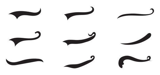 Swish and swash tail collection. Collection of black decorative pen lines and strokes. Underline swish tails for sport text logos, swirl calligraphic font line decoration element. Vector illustrator