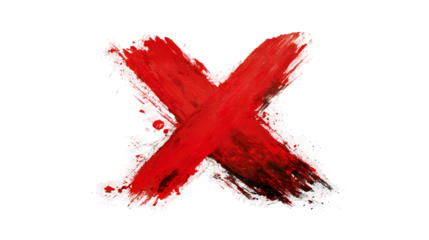 Bold red brushstroke x mark with rough edges - symbol of rejection or cancelation