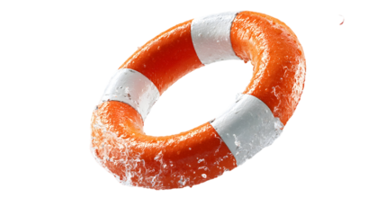 Bright orange and white lifebuoy with splashing water isolated on black background