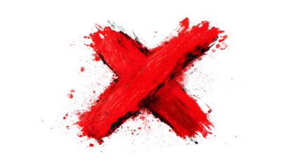 Bold red brushstroke x mark with rough edges for art and design projects