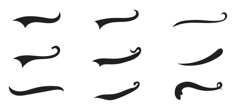 Swish and swash tail collection. Collection of black decorative pen lines and strokes. Underline swish tails for sport text logos, swirl calligraphic font line decoration element. Vector illustrator