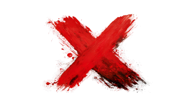 Bold red brushstroke x mark with rough edges - symbol of rejection or cancelation