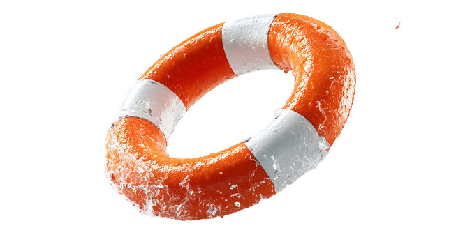 Bright orange and white lifebuoy with splashing water isolated on black background - Powered by Adobe