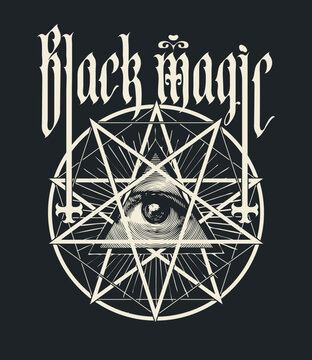 Vector banner on occultism and witchcraft, death metal rock music with words Black magic written in gothic font with inverted crosses, pentagram and human eye. Used for poster and CD disk. No AI used