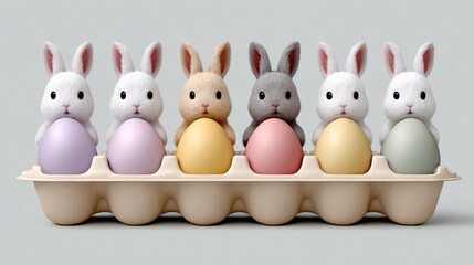 Row of stuffed rabbits holding eggs in a carton. The eggs are of different colors, including yellow, pink, and green. The rabbits are arranged in a line