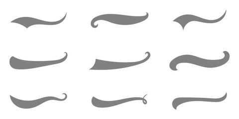Vector black sport tails. Swoosh silhouette elements for baseball, football or athletics lettering. Baseball swoosh text tails. Sports underline curly shapes set. Swirl lines, swish or swash shapes