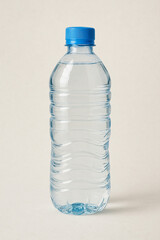 High-quality close-up image of a clear plastic water bottle with a blue cap, filled with fresh drinking water, isolated on a light background.