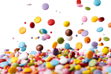 Bright rainbow sugar sprinkles falling against a clear background for confectionery design