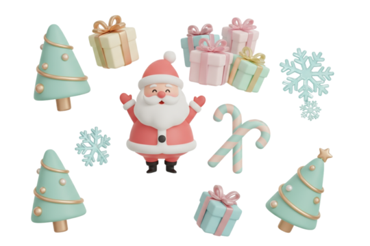 3D Cartoon Christmas Icons Set with Santa, Gifts, and Snowflakes, isolated on transparent background.png