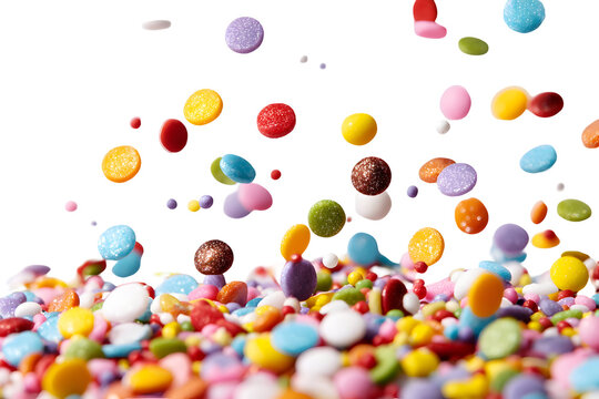 Bright rainbow sugar sprinkles falling against a clear background for confectionery design - Powered by Adobe