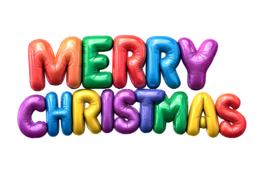 Festive merry christmas balloon typography in bright rainbow colors