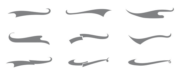 Vector black sport tails. Swoosh silhouette elements for baseball, football or athletics lettering. Baseball swoosh text tails. Sports underline curly shapes set. Swirl lines, swish or swash shapes