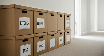 Stack of cardboard boxes in hallway labeled for moving different items. Cardboard boxes are stacked neatly in hallway, marked with kitchen, bedroom, and books.