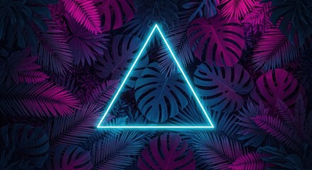 Neon triangle among tropical leaves in dark background