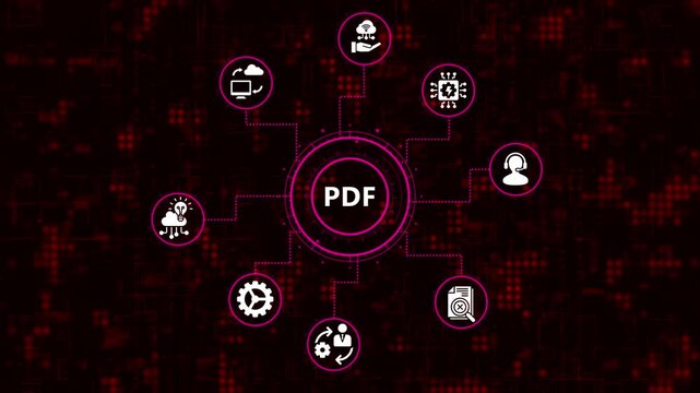 The pdf icon is at the center of a network of icons representing various functions and services, all set against a backdrop of digital data streams