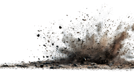 Dynamic explosion of earth and dust scattering debris in motion