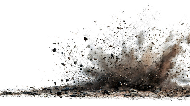 Dynamic explosion of earth and dust scattering debris in motion - Powered by Adobe