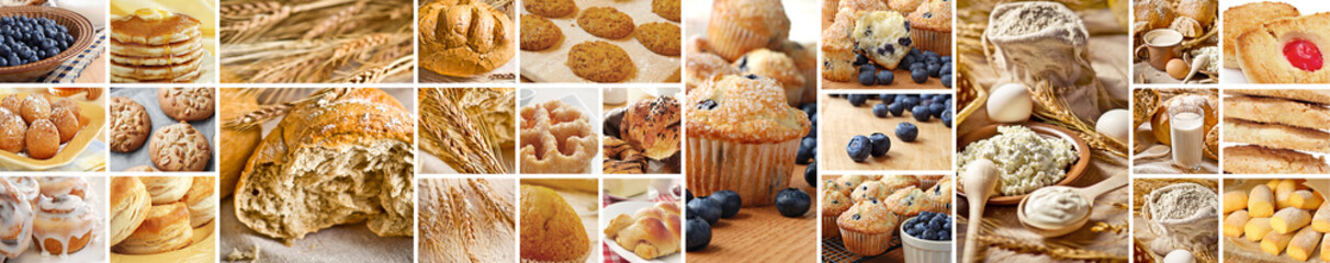 Assorted bread, muffins, and pastries with wheat and flour on bright background