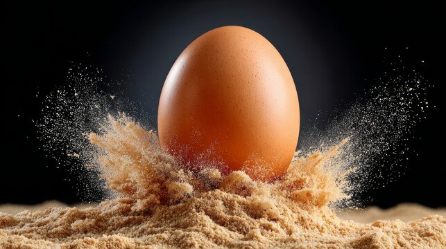 An egg is smashed into a pile of sand. Concept of destruction and chaos, as the egg's shell is shattered and scattered across the sand. The scene is dramatic and unsettling