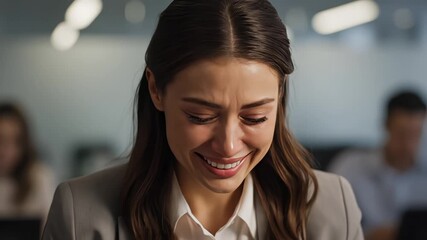 A young woman in a business environment closes her eyes while laughing heartily.