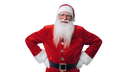 Santa claus in red suit with white beard and glasses standing with hands on hips on black backdrop