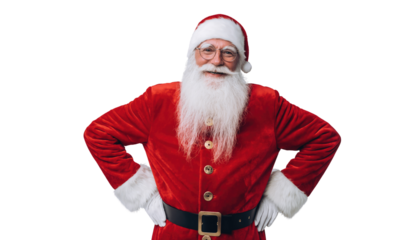 Santa claus in red suit with white beard and glasses standing with hands on hips on black backdrop