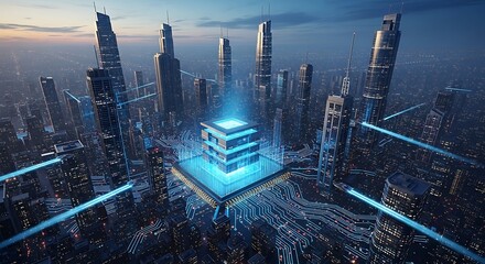 Futuristic cityscape with glowing central structure, showcasing advanced technology and urban innovation against a twilight sky with modern architecture