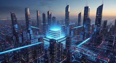 Futuristic cityscape with glowing central structure, representing advanced technology, artificial intelligence, and interconnected digital infrastructure
