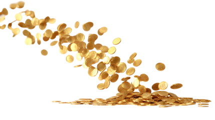 Falling gold coins on black background: wealth, finance, and currency concept