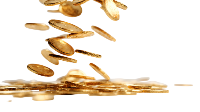 Falling gold coins against black background