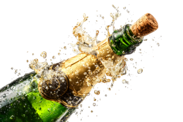 Champagne bottle popping with splashes and bubbles against black background
