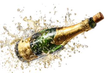 Splashing champagne bottle with golden foil and cork against black background