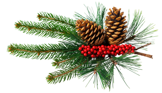 A christmas arrangement featuring pine branches, red berries, and two pine cones on a black background