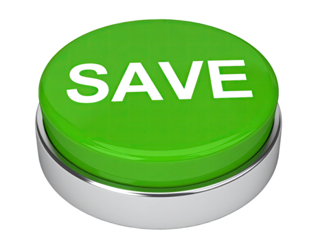 Green save button with glossy surface and digital interface design showing computer UI element isolated on white background - Powered by Adobe