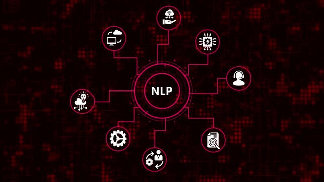 Nlp concept with interconnected icons representing various aspects of natural language processing, illustrating the structure and functionality of nlp algorithms