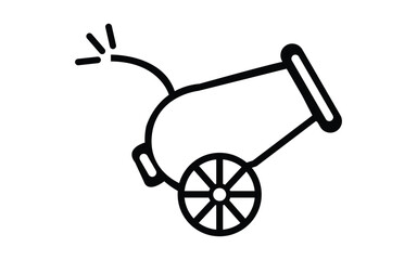 Simple black line drawing of an old cannon with a wheel isolated on white background