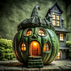 Whimsical glowing pumpkin house with spooky haunted mansion in background for halloween celebration