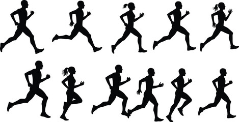 Running silhouettes, athletic motion, male and female runners, fitness poses, jogging sequence, sports biomechanics, dynamic posture, workout, training, sprint